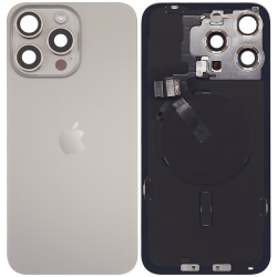 Tapa Trasera de Cristal iPhone 15 Pro Max (Titanio Natural) (Componentes Preinstalados) (Lente Cristal de Zafiro) (OEM)